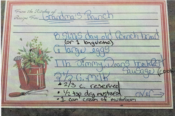 handwritten recipe card with my mom's flowery handwriting